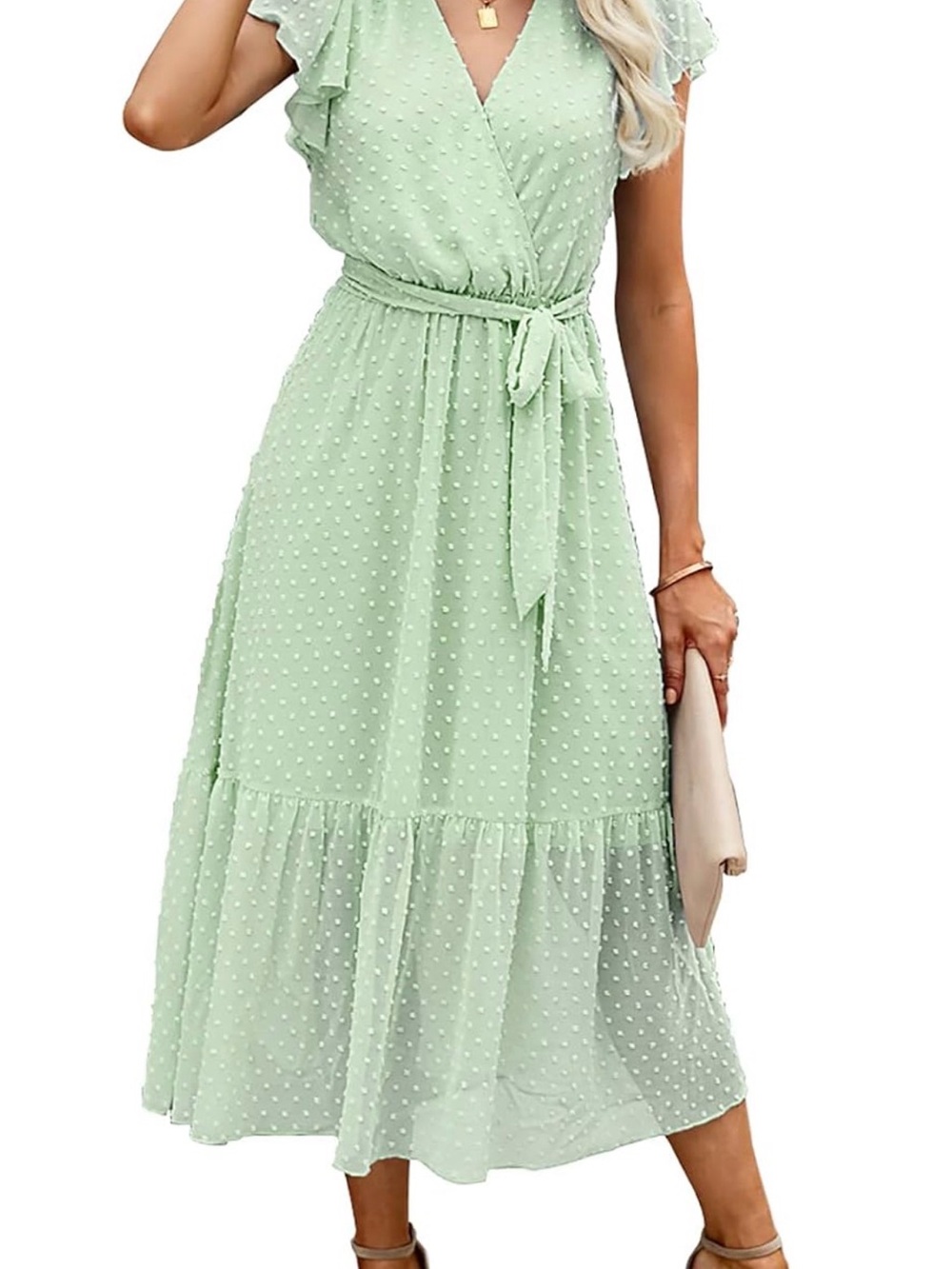 NWT Mint Green Swiss Dot Wrap Midi Dress with Self-Tie Waist